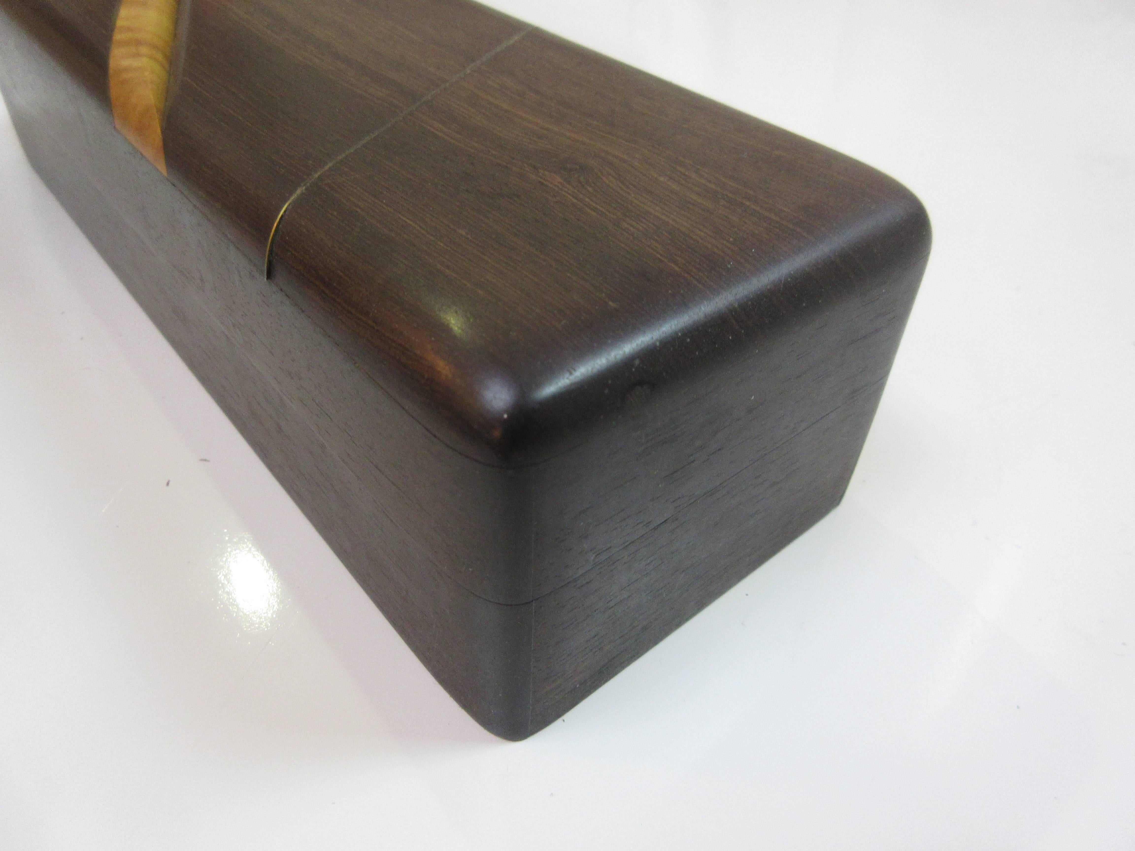 East Indian ebony, curly maple and brass hinged box by David and Kim Okrant from the mid-1980s from Boulder Creek California.