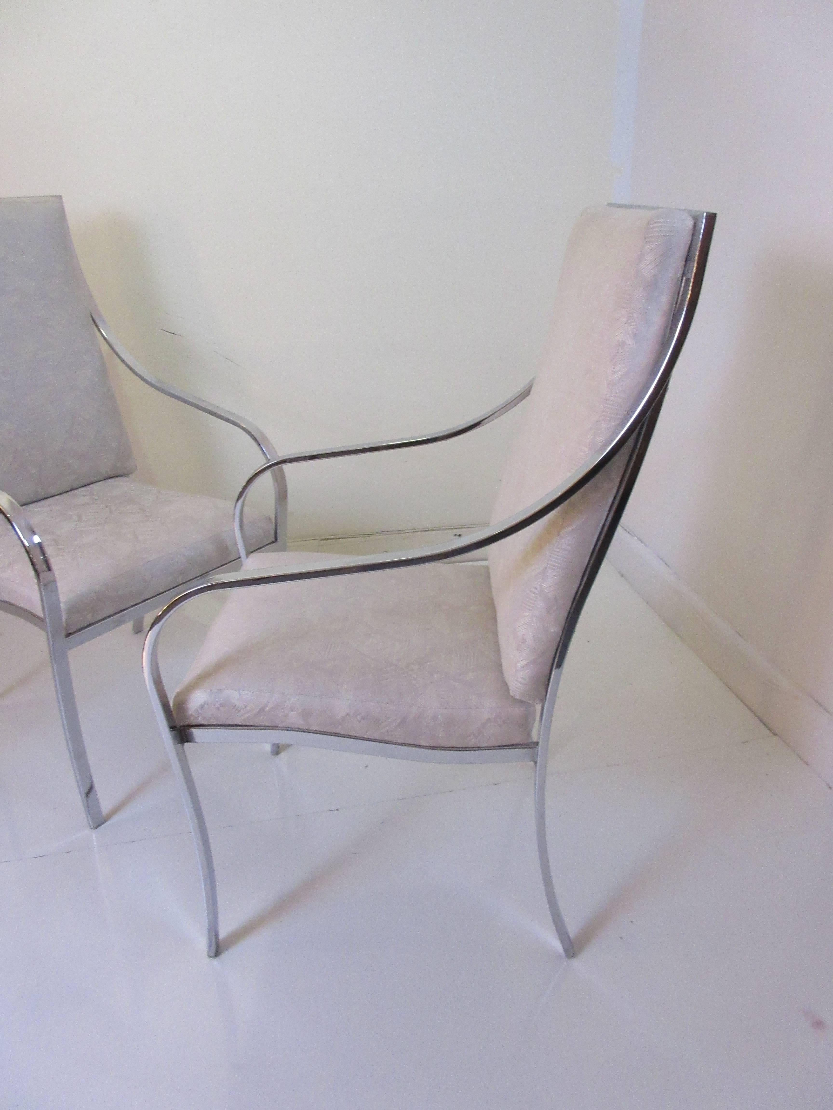 Milo Baughman for Thayer Coggin six dining chairs with swooping chrome arms and original deco Revival Clarence house fabric in shades of silver and grey with geometric designs showing minimal wear. Chrome is immpecable and all the white plastic