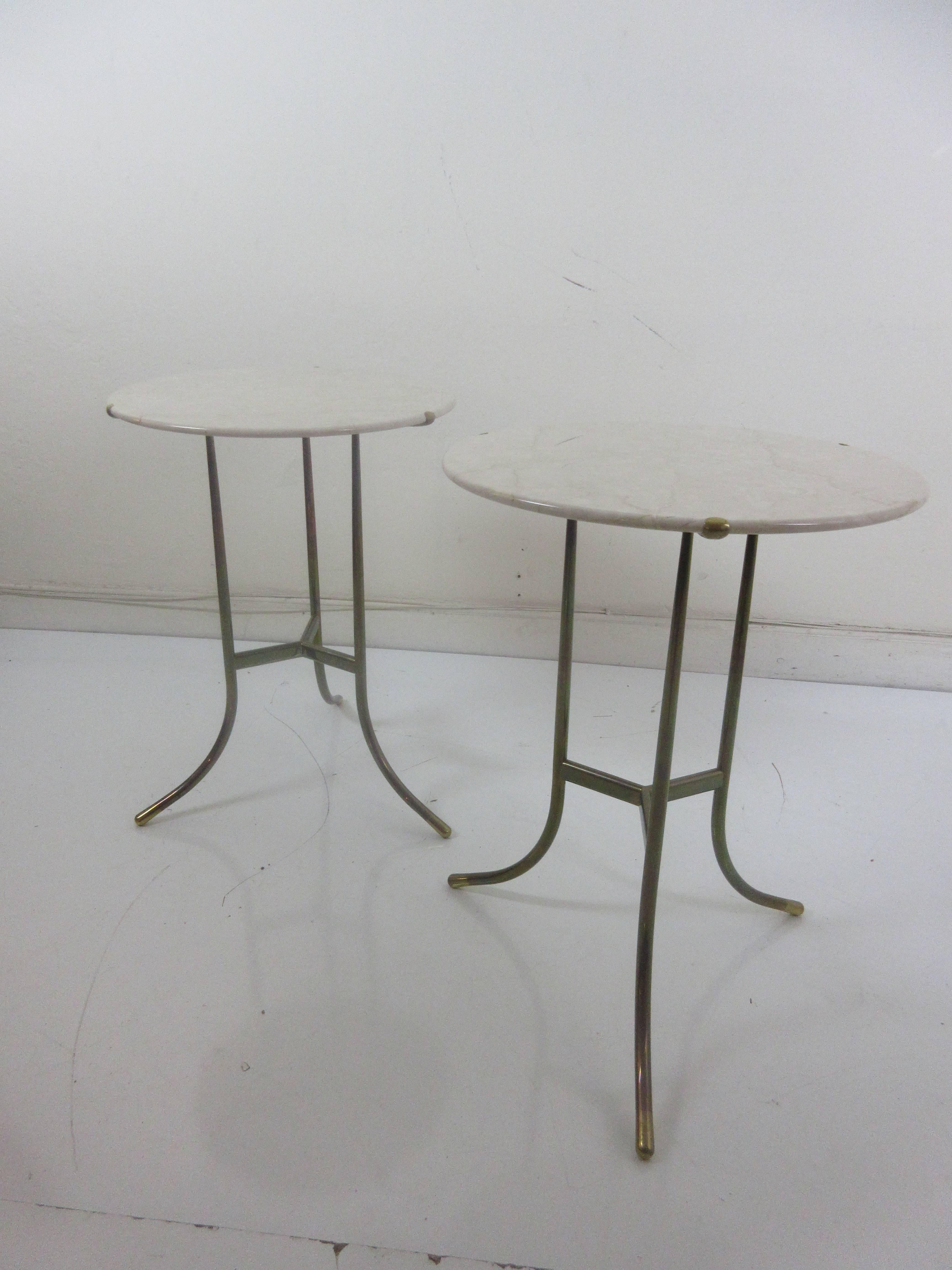 Cedric Hartman marble and brass end tables. Each of these perfectly matched elegant tables is incised with 