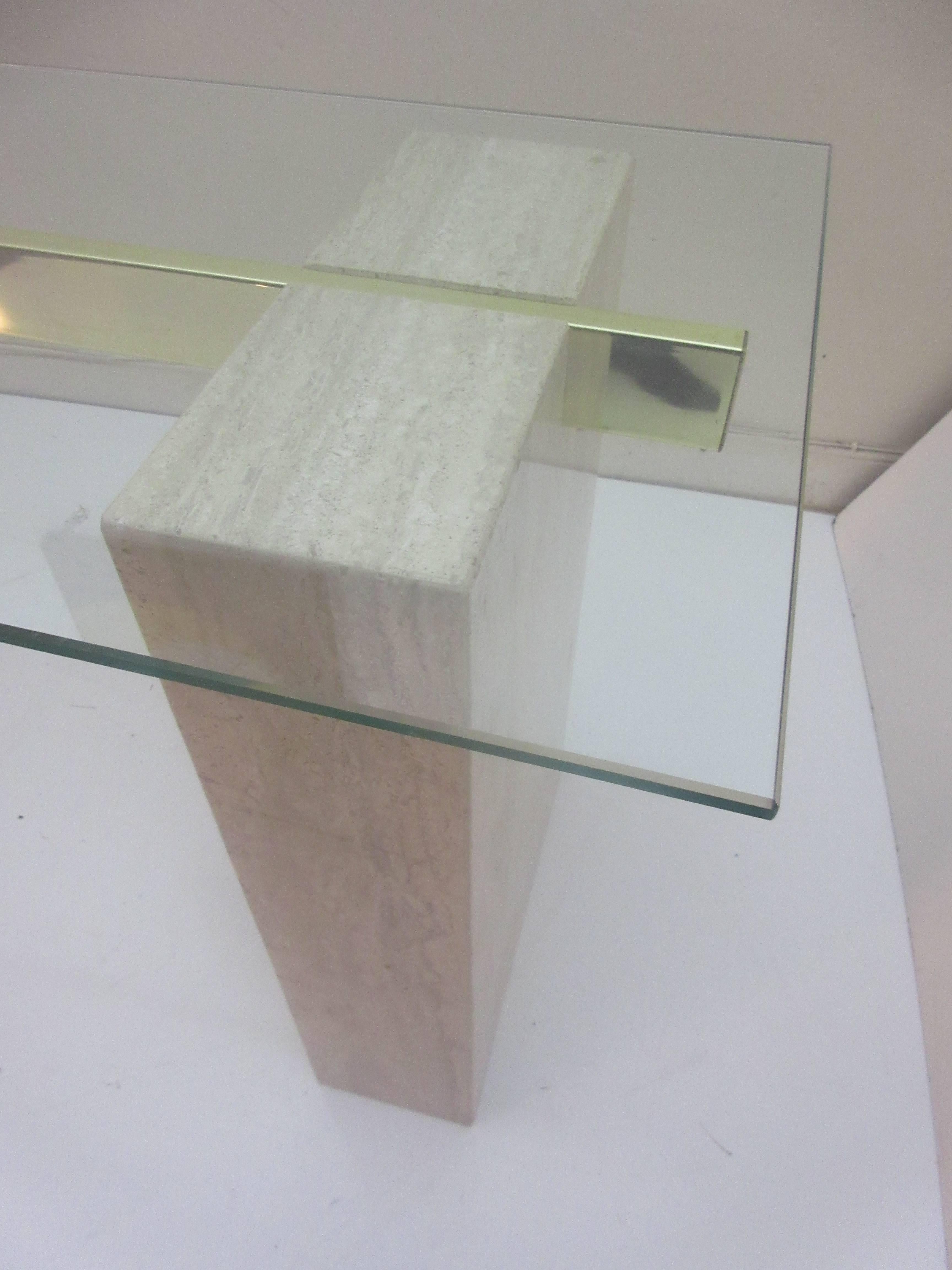 Artedi Console Table in Travertine Brass and Glass In Excellent Condition In Philadelphia, PA