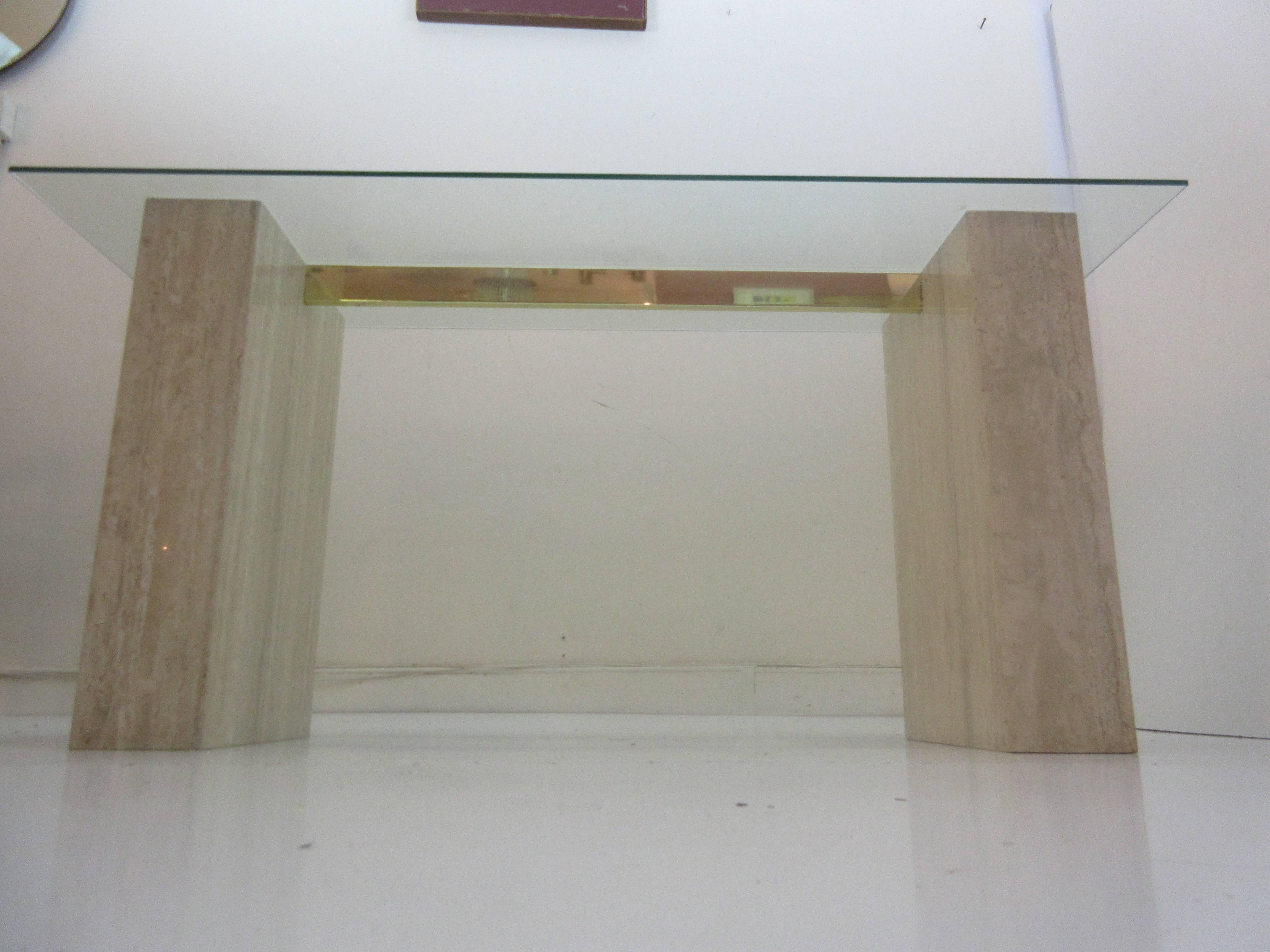 Late 20th Century Artedi Console Table in Travertine Brass and Glass