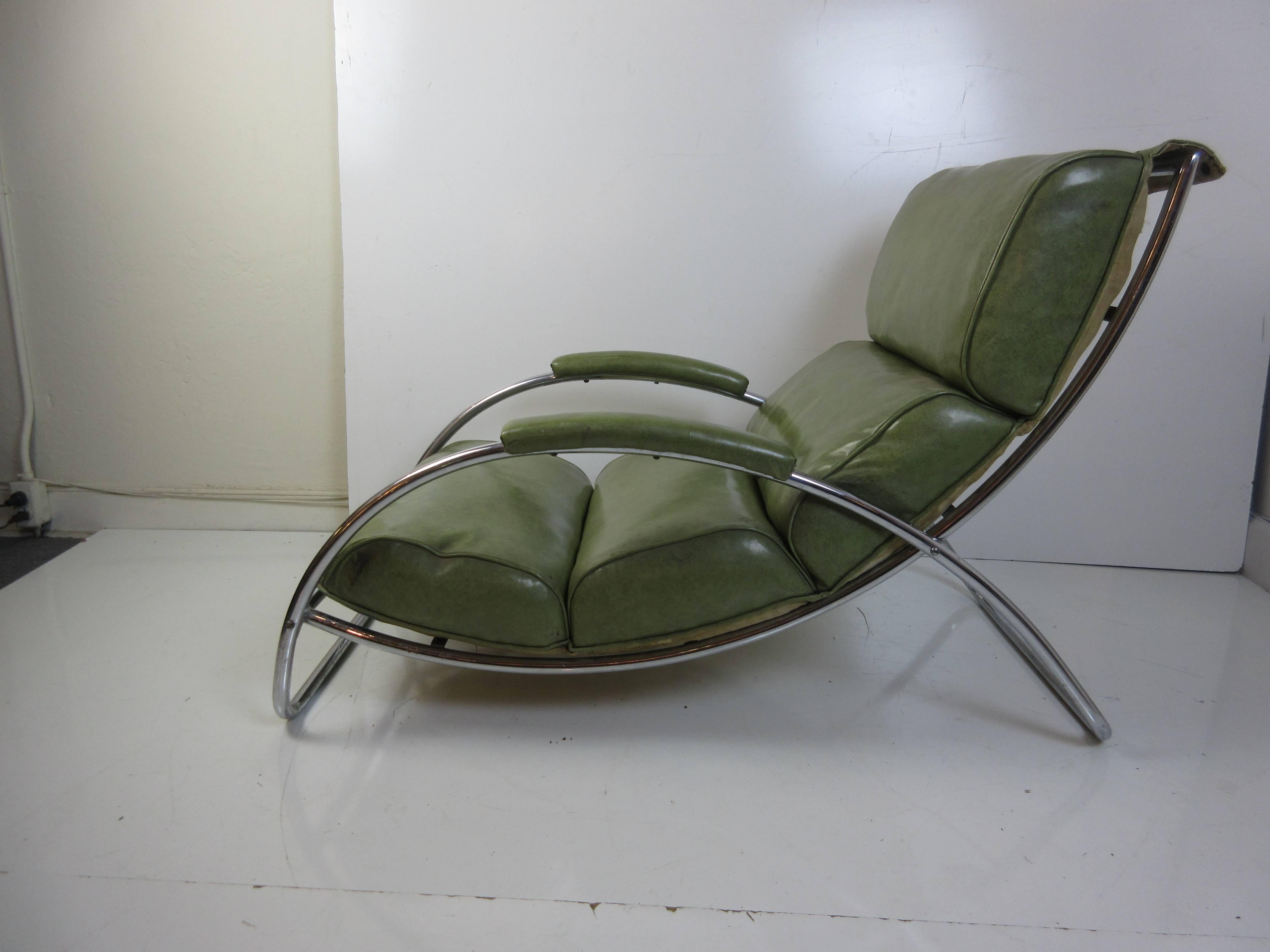 Truly a rare chair designed by Gilbert Rohde for Troy Sunshade. Pictured in the 1934 catalog and featured in the steel frame house 