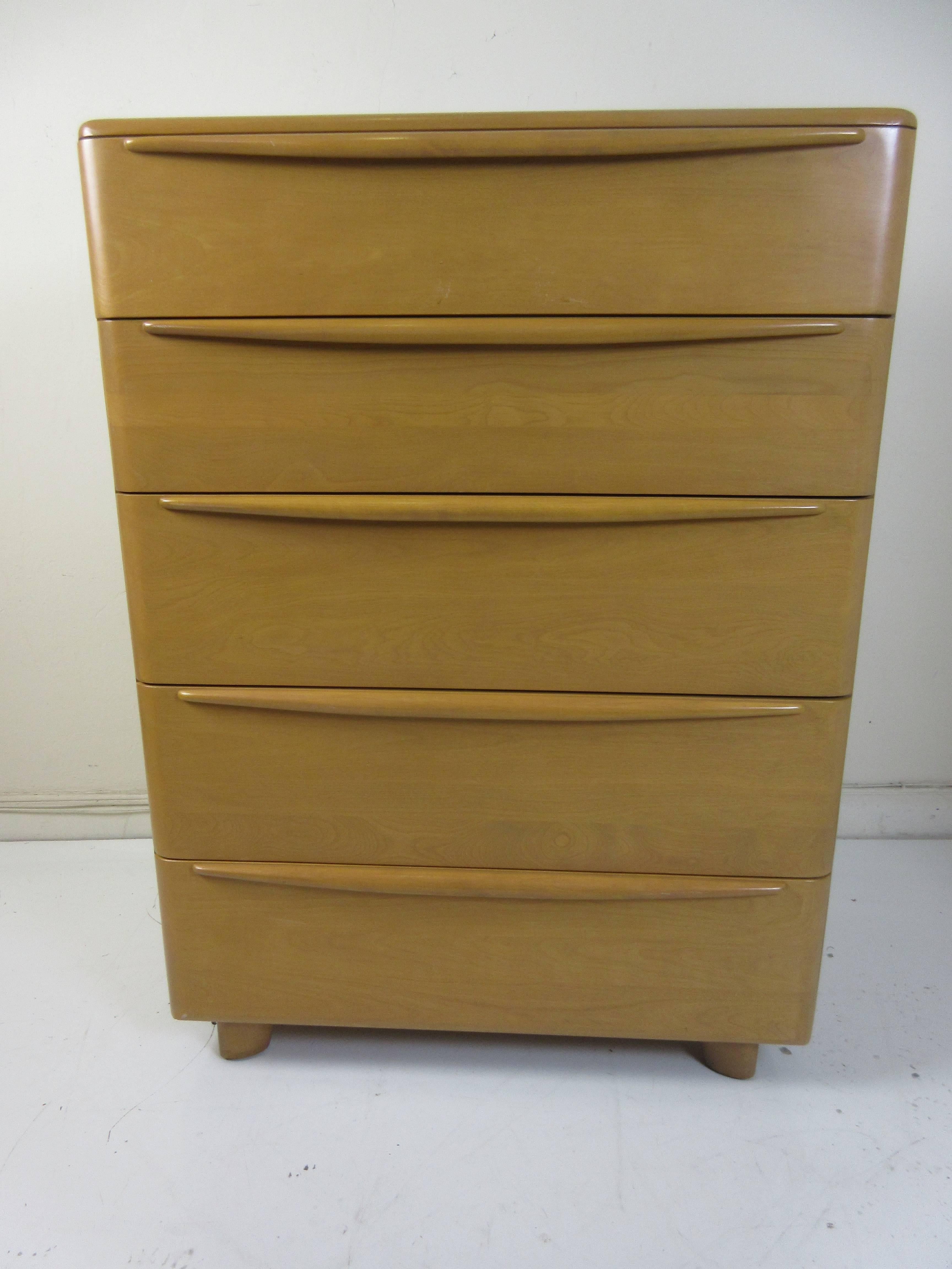 Heywood Wakefield encore tall chest of drawers in solid maple from 1952 and bought from the original family. Complete set available with storage headboard, low dresser with mirror, and nightstand (pictured) second nightstand in slightly different