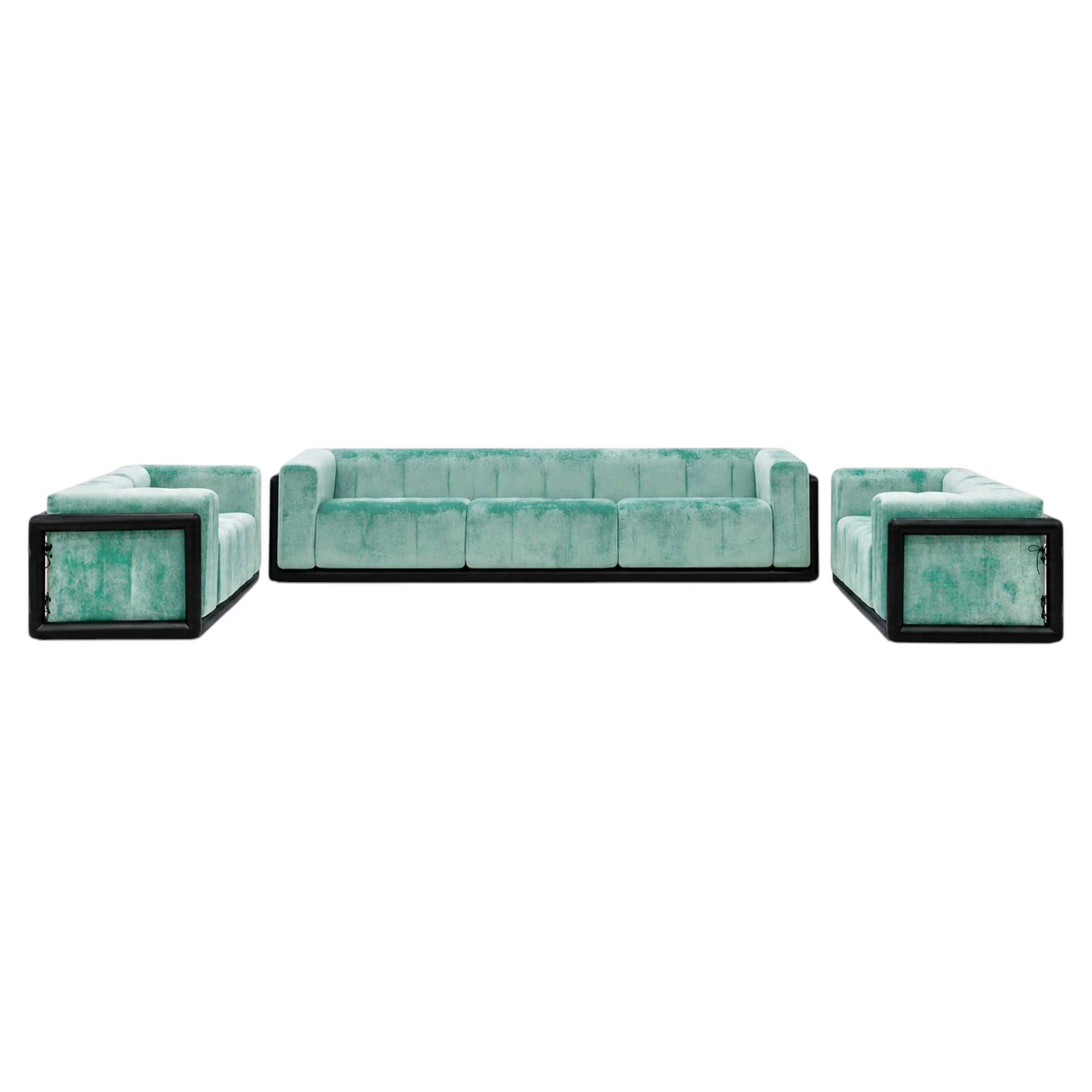 Carlo Scarpa Cornaro-Set – Sofa 300 und zwei Sessel, Chenille-Samt, 1974