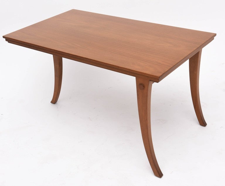 Great three legged T.H. Robsjohn-Gibbings table.
Metal Saridis of athens label.