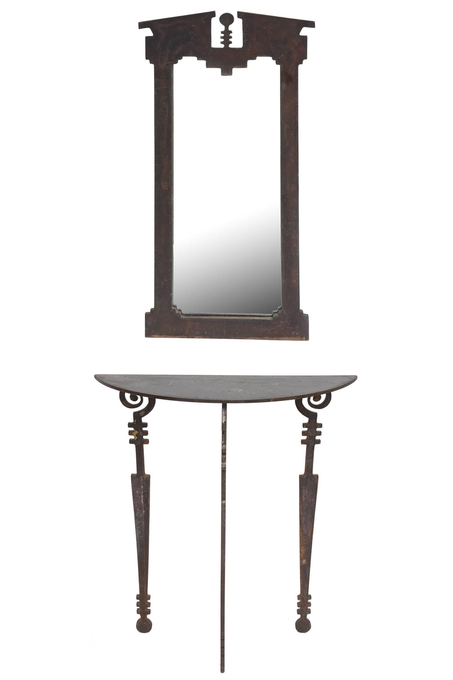 Hand-Forged and Cut Steel Console and Mirror In Good Condition In West Palm Beach, FL