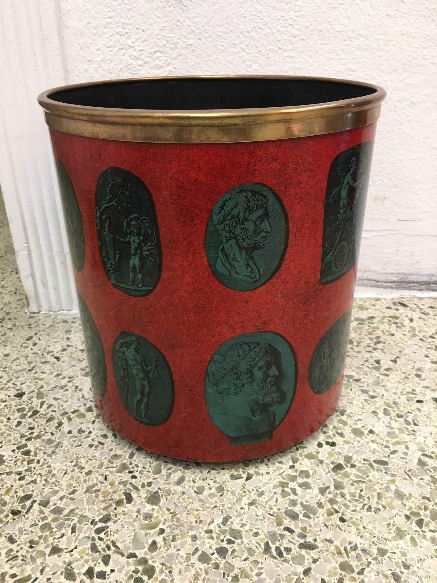 Vintage Fornasetti trash or waste can in the "Cammei" pattern.