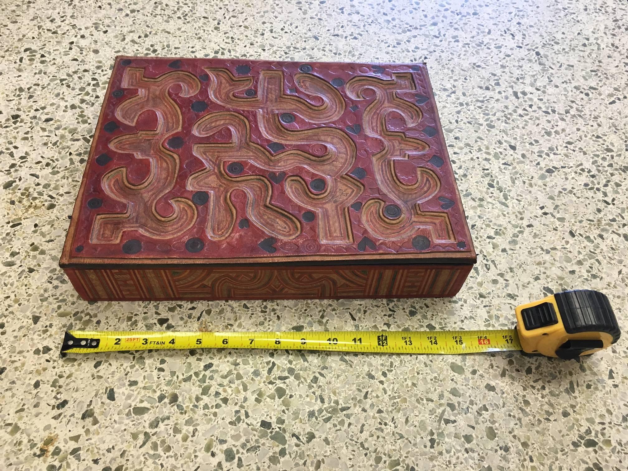Large Hand-Tooled Moroccan Leather Box In Good Condition In West Palm Beach, FL