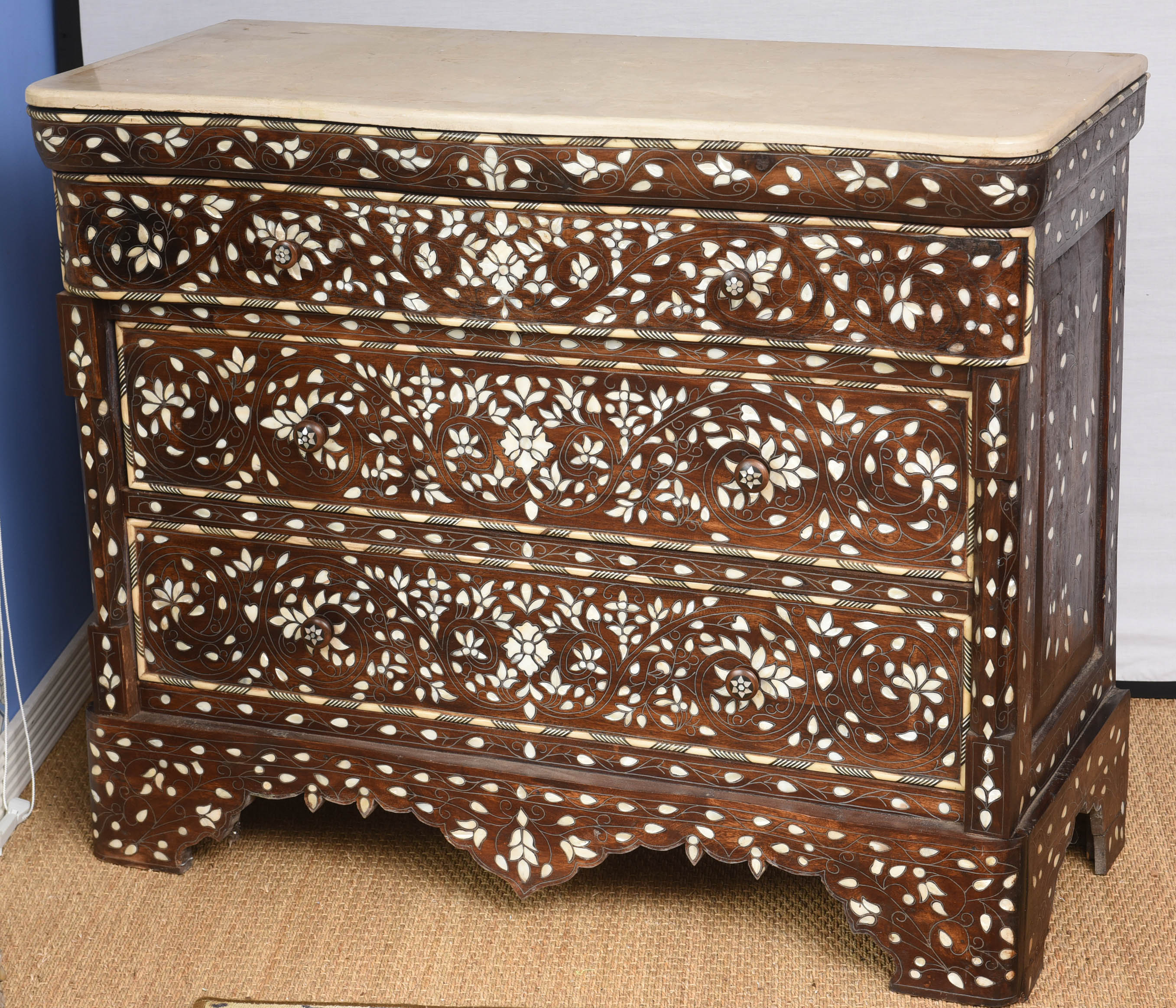 19th Century Syrian Inlaid Mother of Pearl, Three-Drawer Commode