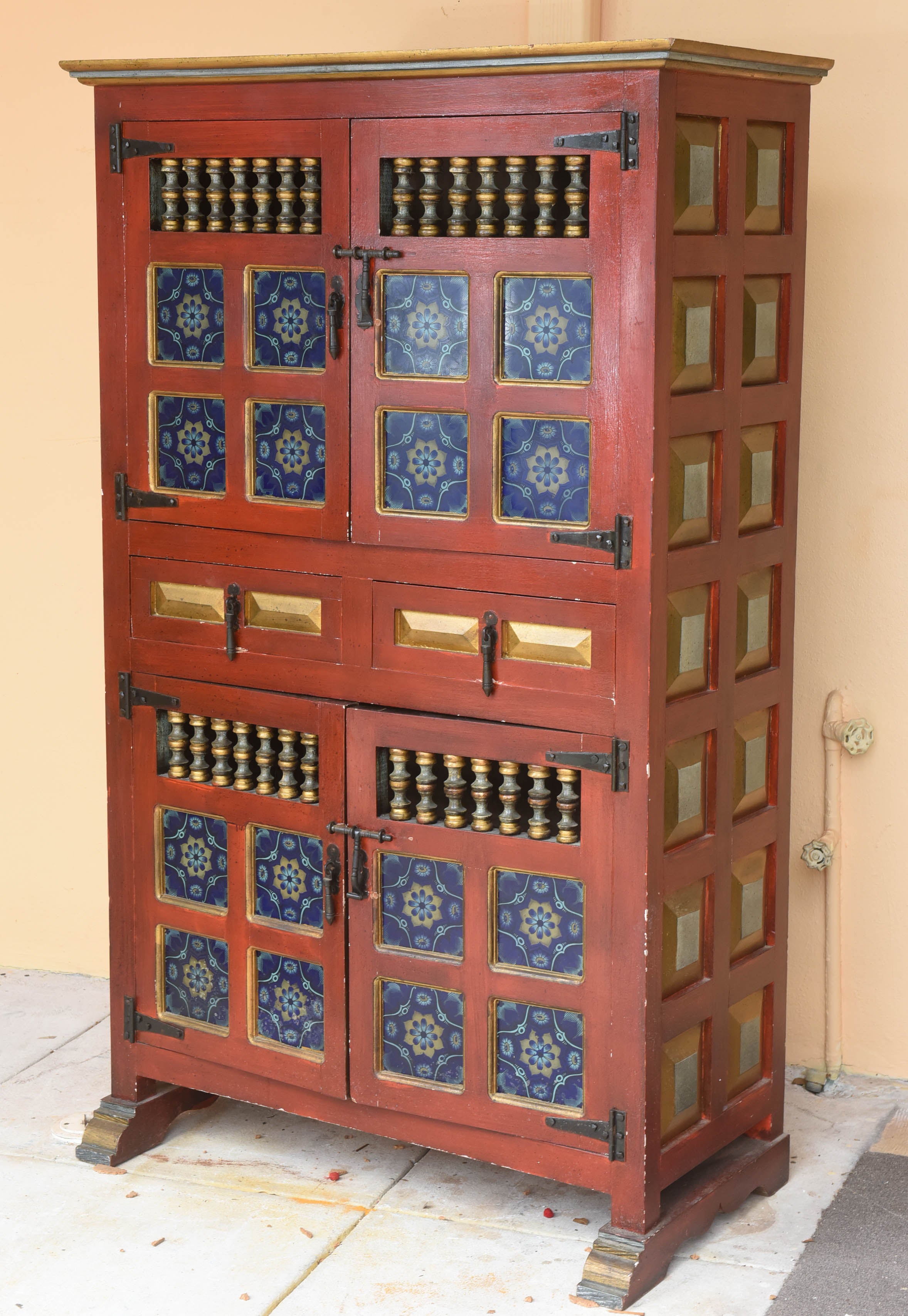 Spanish Hand-Painted Antique Kitchen Cupboard with Blue Tiles