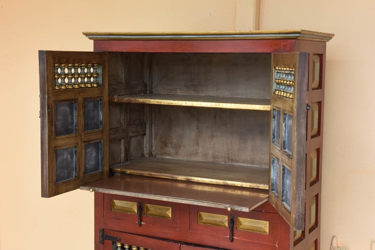 Spanish Hand-Painted Antique Kitchen Cupboard with Blue Tiles 1