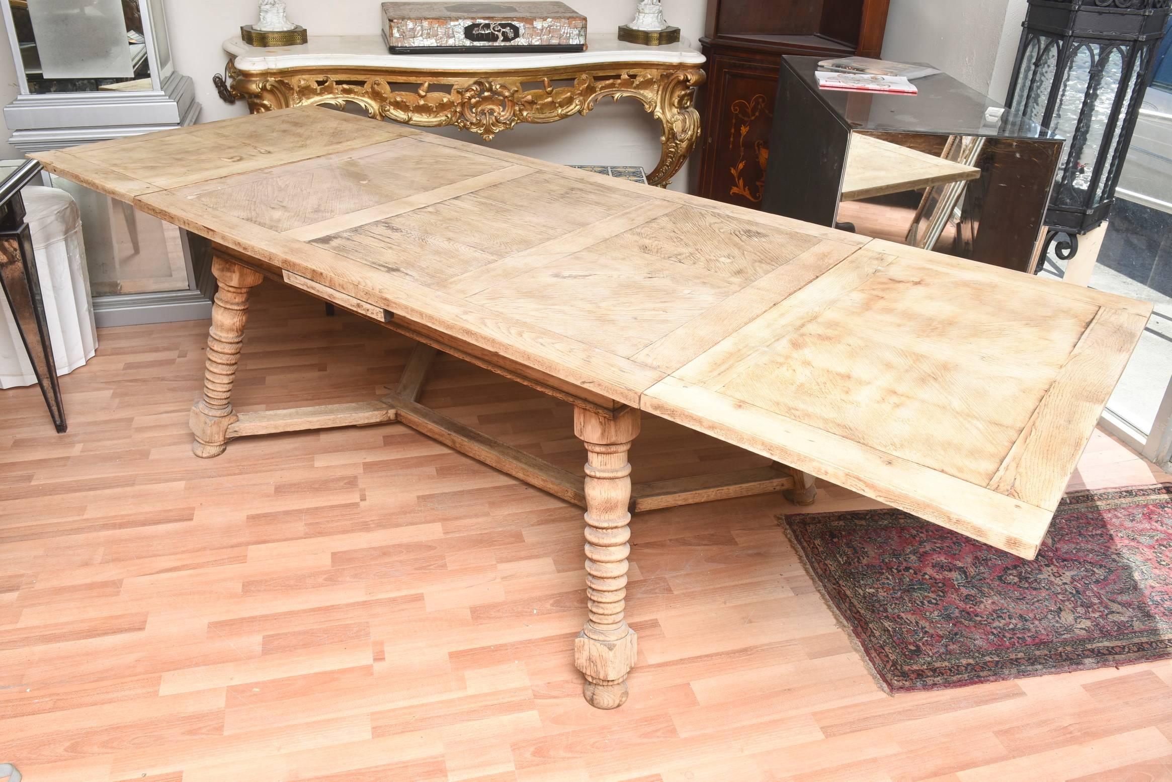 European 1900's Draw Leaf Continental Bleached Out Oak Dinning Table