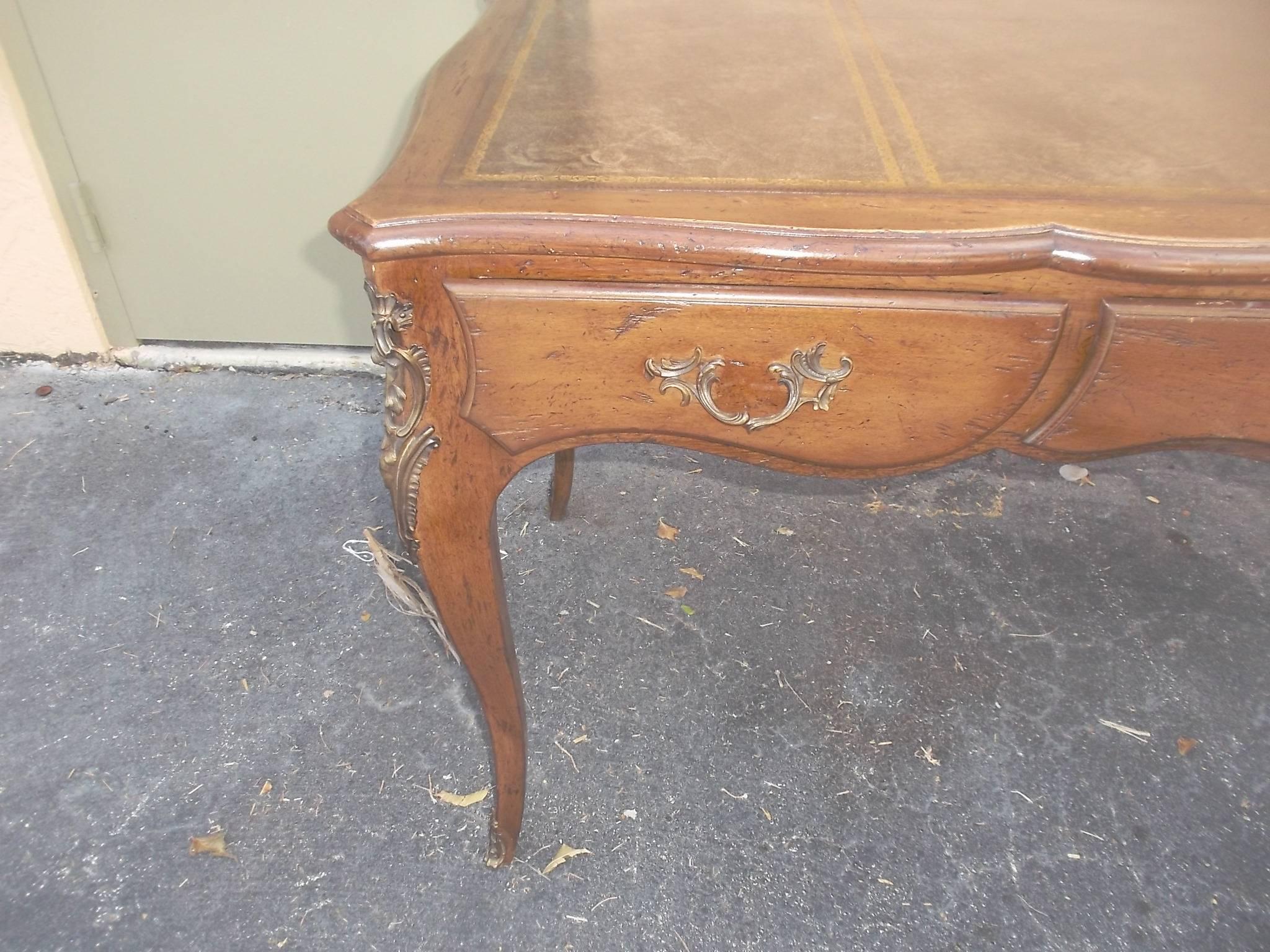 Vintage Oak French Style Partners Desk with Leather and Top Brass Handles In Excellent Condition In West Palm Beach, FL