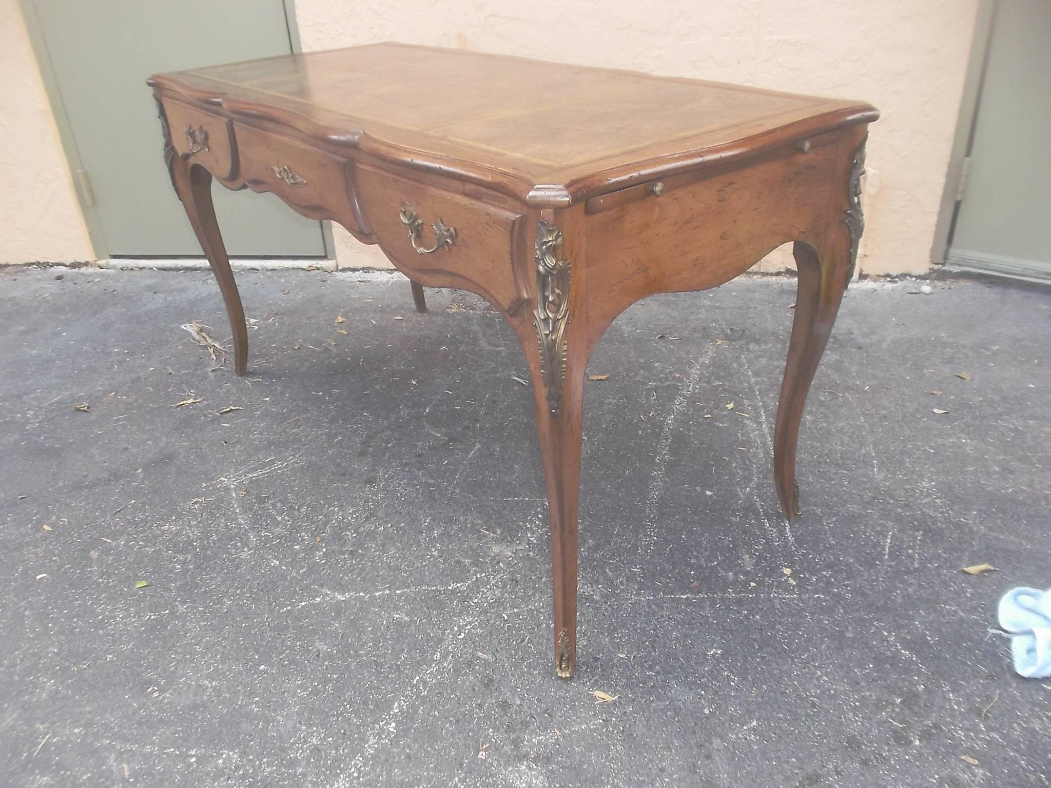 Vintage Oak French Style Partners Desk with Leather and Top Brass Handles 1