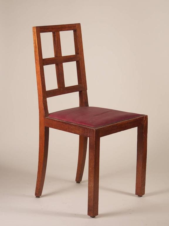 Early French modernist Art Deco dining chairs, set of six, in rosewood and mahogany. Seat height: 18