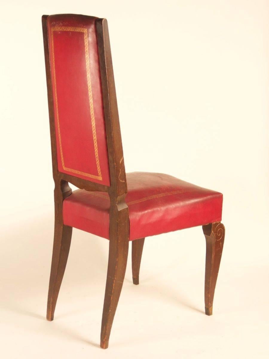 French 1940s Art Deco dining chairs, set of eight in beech with bronze mounts and high, tapered backs.

Please note these chairs are unrestored in the photographs. Chairs can be custom-stained. We will be happy to discuss your wood color