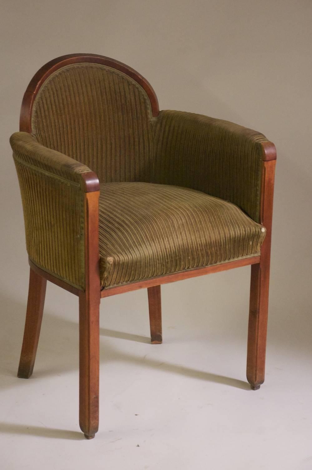 Classic French Art Deco low-backed armchairs. Two pairs available by Paul Follot circa 1927 in sculpted mahogany. Documented.

Please note that these chairs are unrestored in the photographs.

Priced per pair.
 