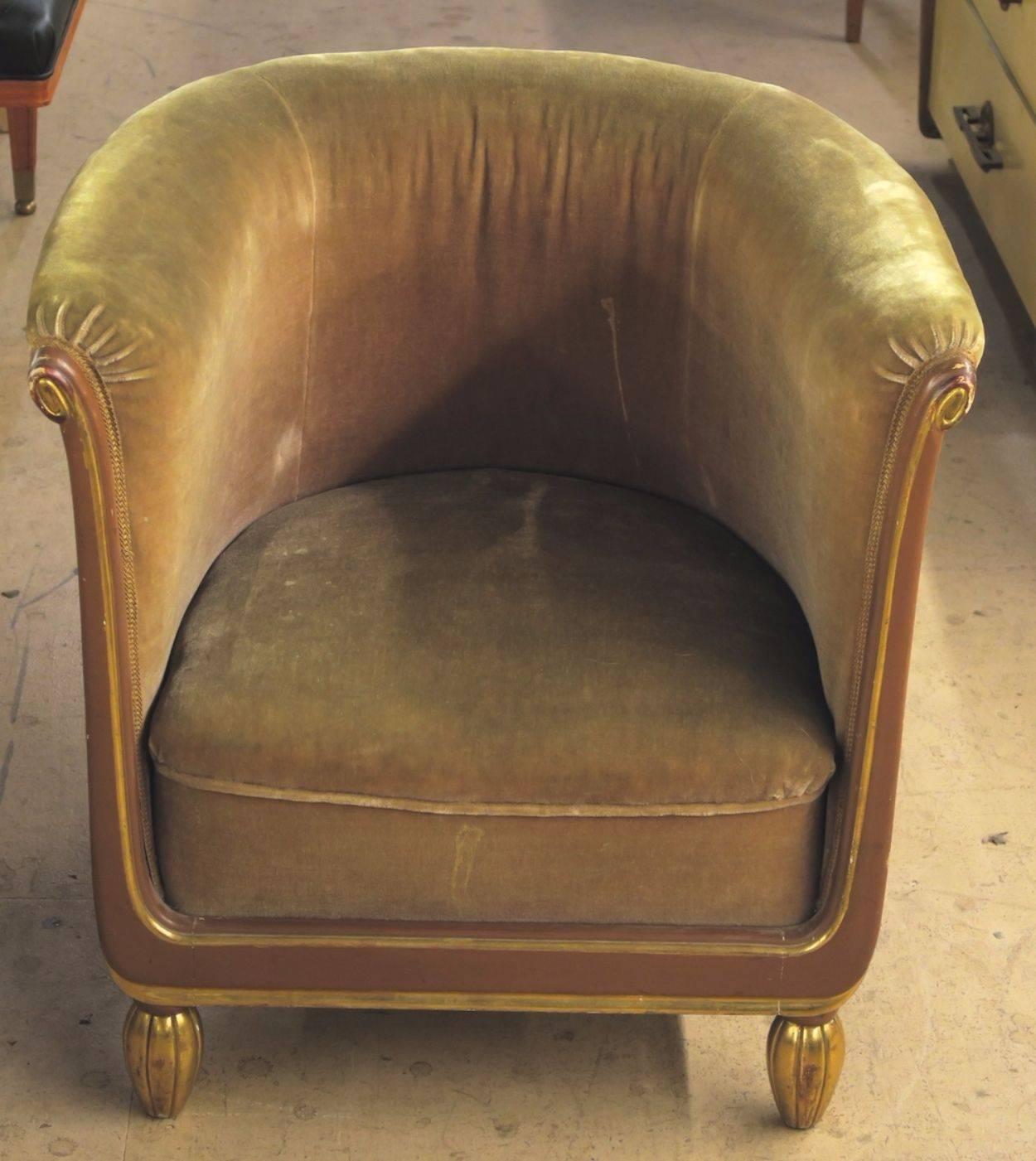 Early 20th Century Paul Follot Pair of Lacquer and Gilt Sculpted Club Chairs