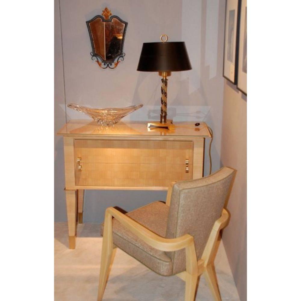 French Art Deco post-war cabinet in slip-matched ash parquetry with bronze pulls and mounts. Documented.