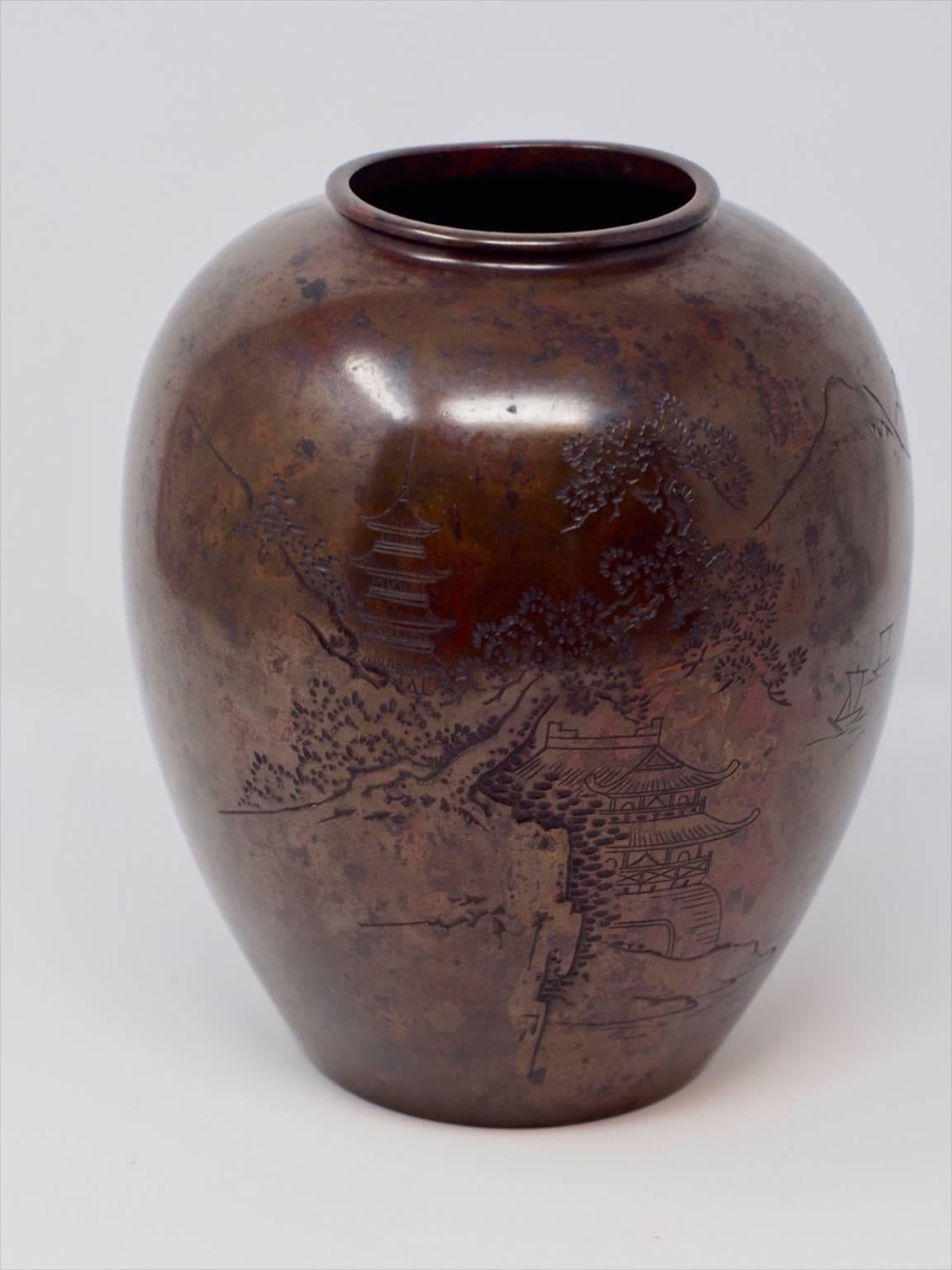 Meiji Japanese Etched Bronze Vase