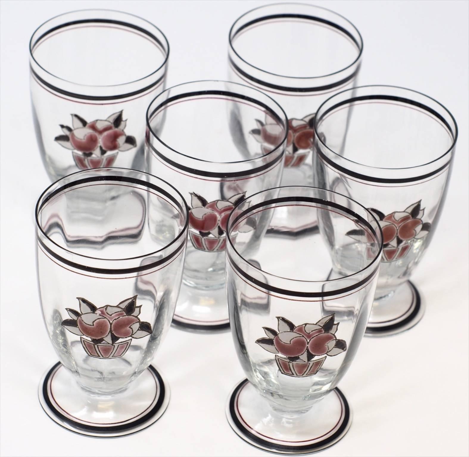 Art Deco Set of Six Goupy Enameled Beverage Glasses