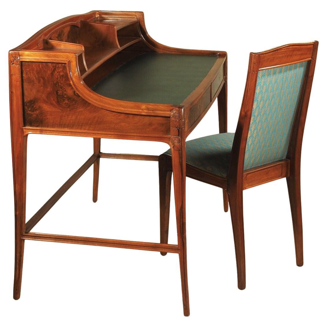 Leon Jallot Sculpted Walnut Desk and Chair For Sale