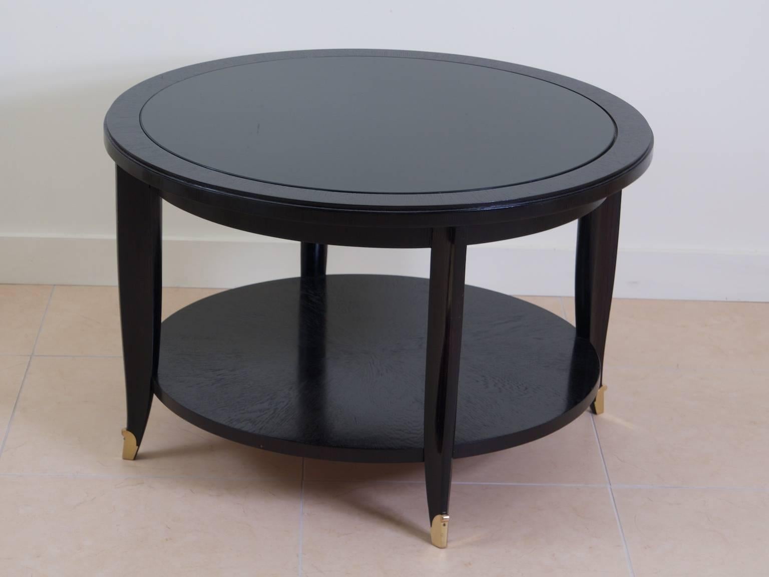 French 1940s Art Deco coffee or side table in ebonized wood with nickeled bronze mounts, French, circa 1945.