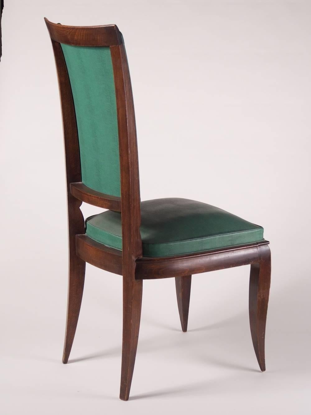 French 1940s Art Deco dining chairs, set of six by Rene Prou, in stained beech. These chairs could be ebonized.

Please note these chairs are unrestored in the photographs.

**PRICE includes proper restoration, refinishing and reupholstering with