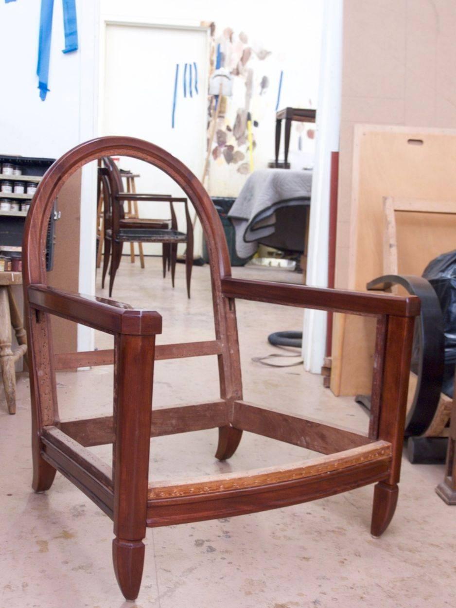 This pair is believed to be unique, commissioned for an installation in Paris, circa 1920.

Please note these chairs are unrestored in the first photograph. The second and third photos show the now-restored frames and the chairs in situ in