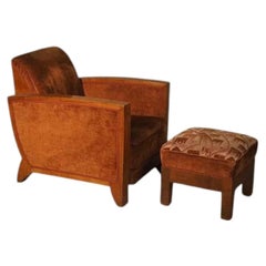 Fauteuil de club Art déco de style moderniste français « DIM » (Joubert et Petit) avec repose-pieds