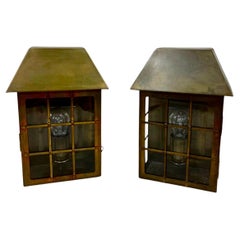 Used Pair of wall lamps, patinated brass, architectural form, Mid Century 