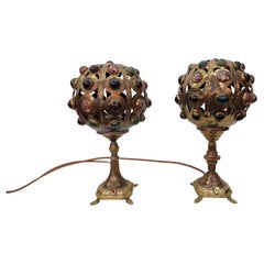 Pair of Design table lamps, gem stone oriental style, brass, Mid-Century, Italy