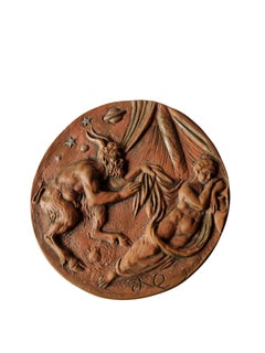 Scatola in ceramica con coperchio dal design da sogno: fauno, ninfa e sistema planetario, stile Art Déco, 1930, Italia