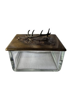 Meraviglioso cofanetto con coperchio in bronzo, cervo scolpito, cofanetto in vetro, Art Nouveau, 1900, Germania