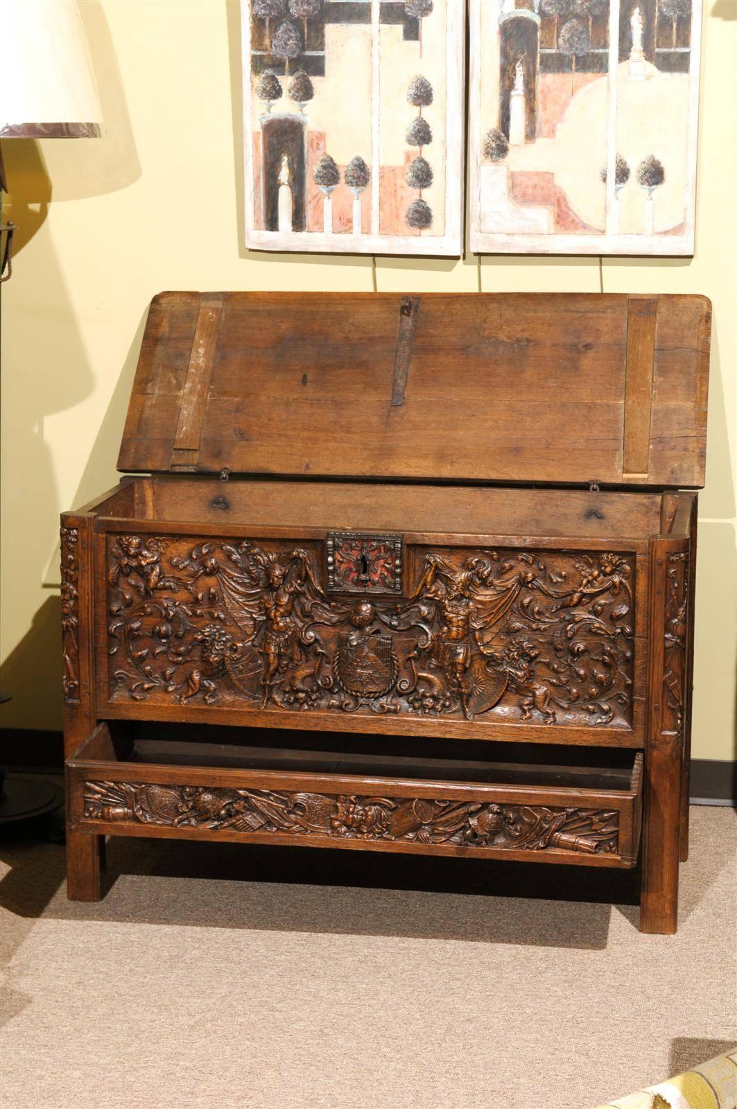 19th Century Carved Oak Blanket Chest from Normandy In Good Condition In Atlanta, GA
