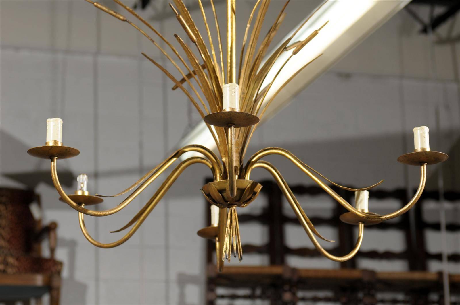 French Mid-Century Six Light Gilded Chandelier from France, circa 1950