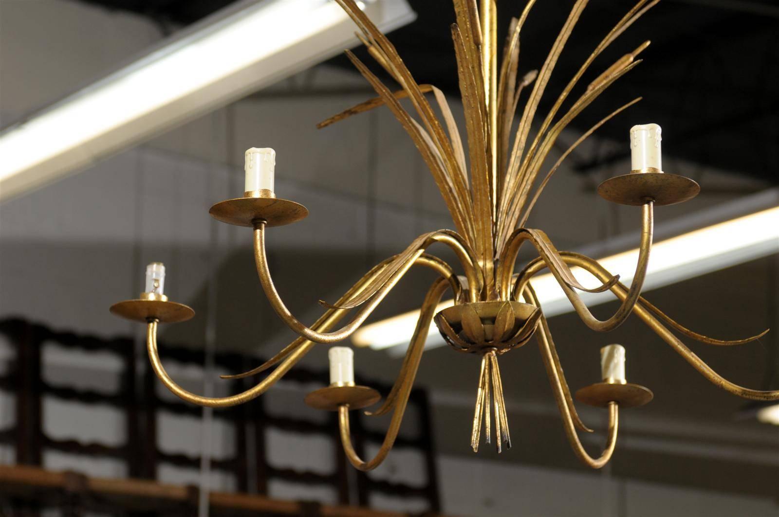 Mid-Century Six Light Gilded Chandelier from France, circa 1950 In Good Condition In Atlanta, GA