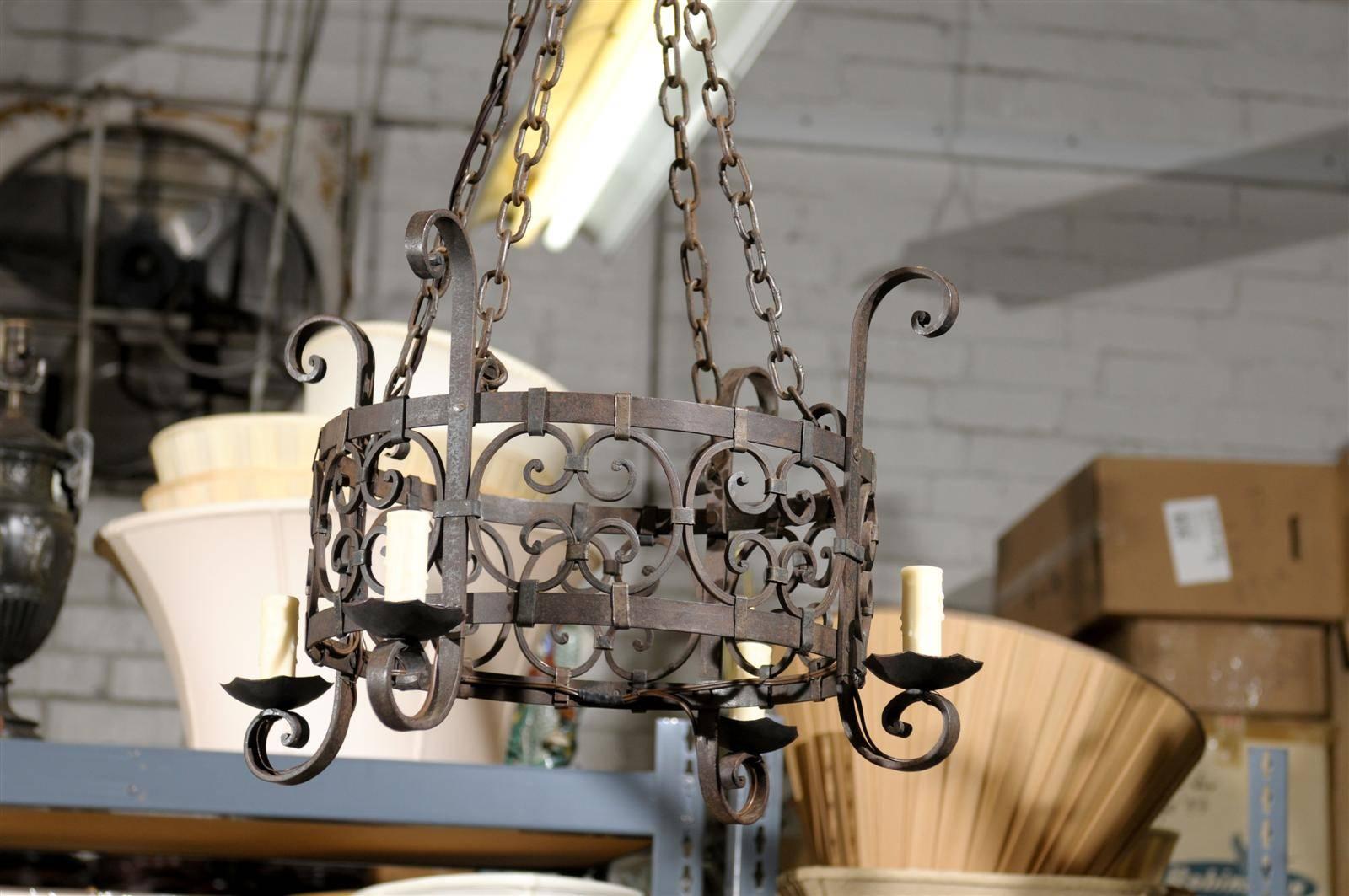 Mid-20th Century Vintage Wrought Iron Four Light Chandelier, circa 1950 For Sale