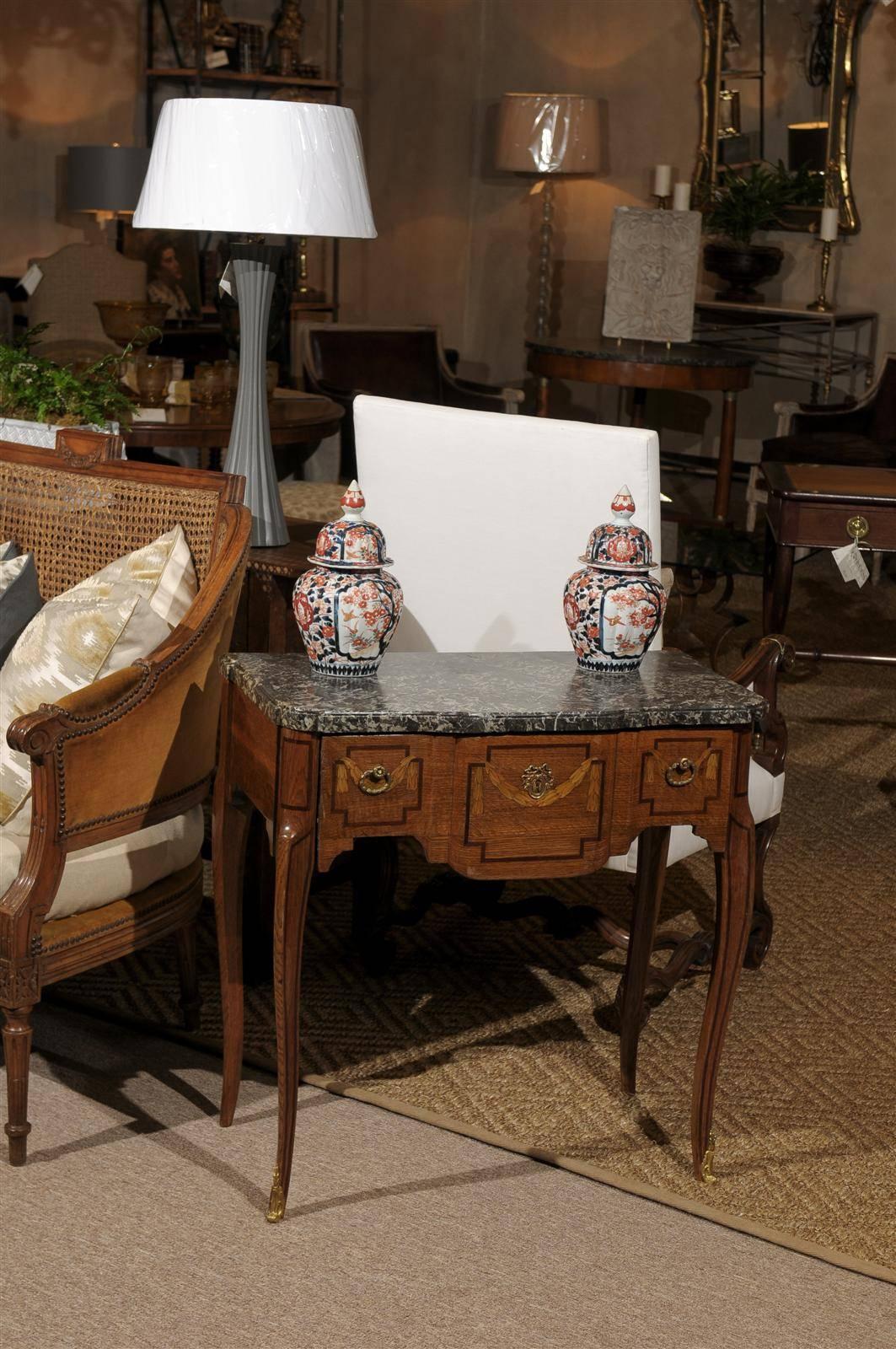 French Mid-19th Century Louis XV Inlaid Console with Marble Top, circa 1850