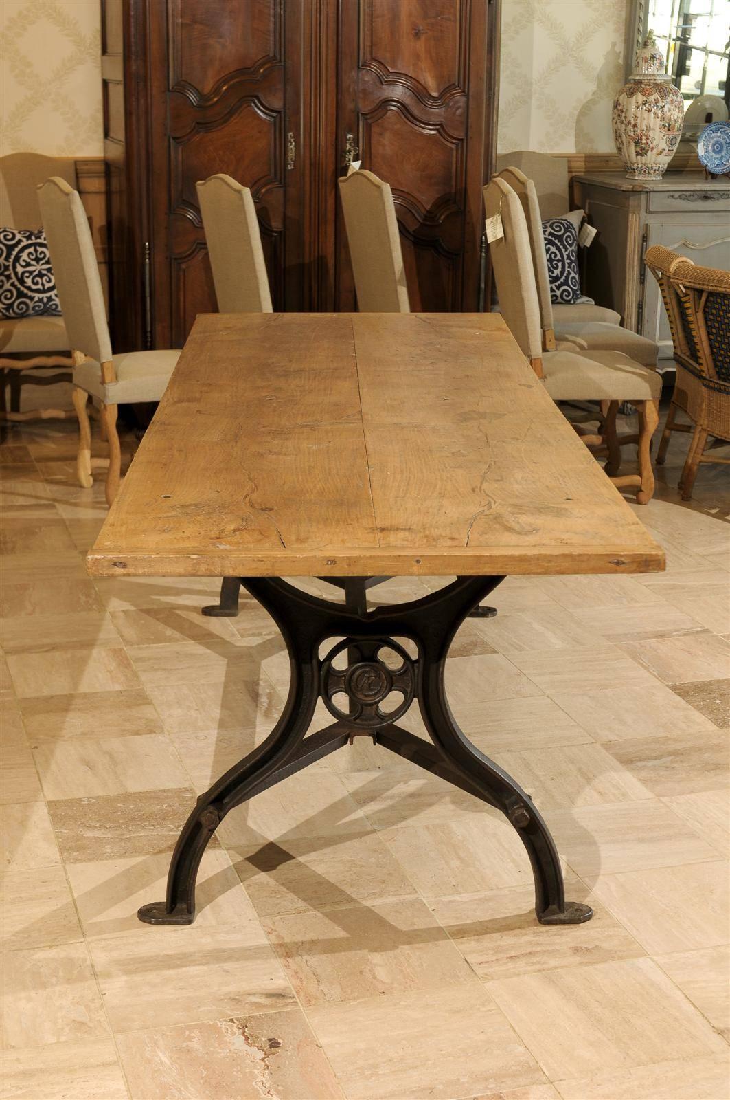 18th Century Dining Table with Industrial Iron Base and an Old Wooden Top