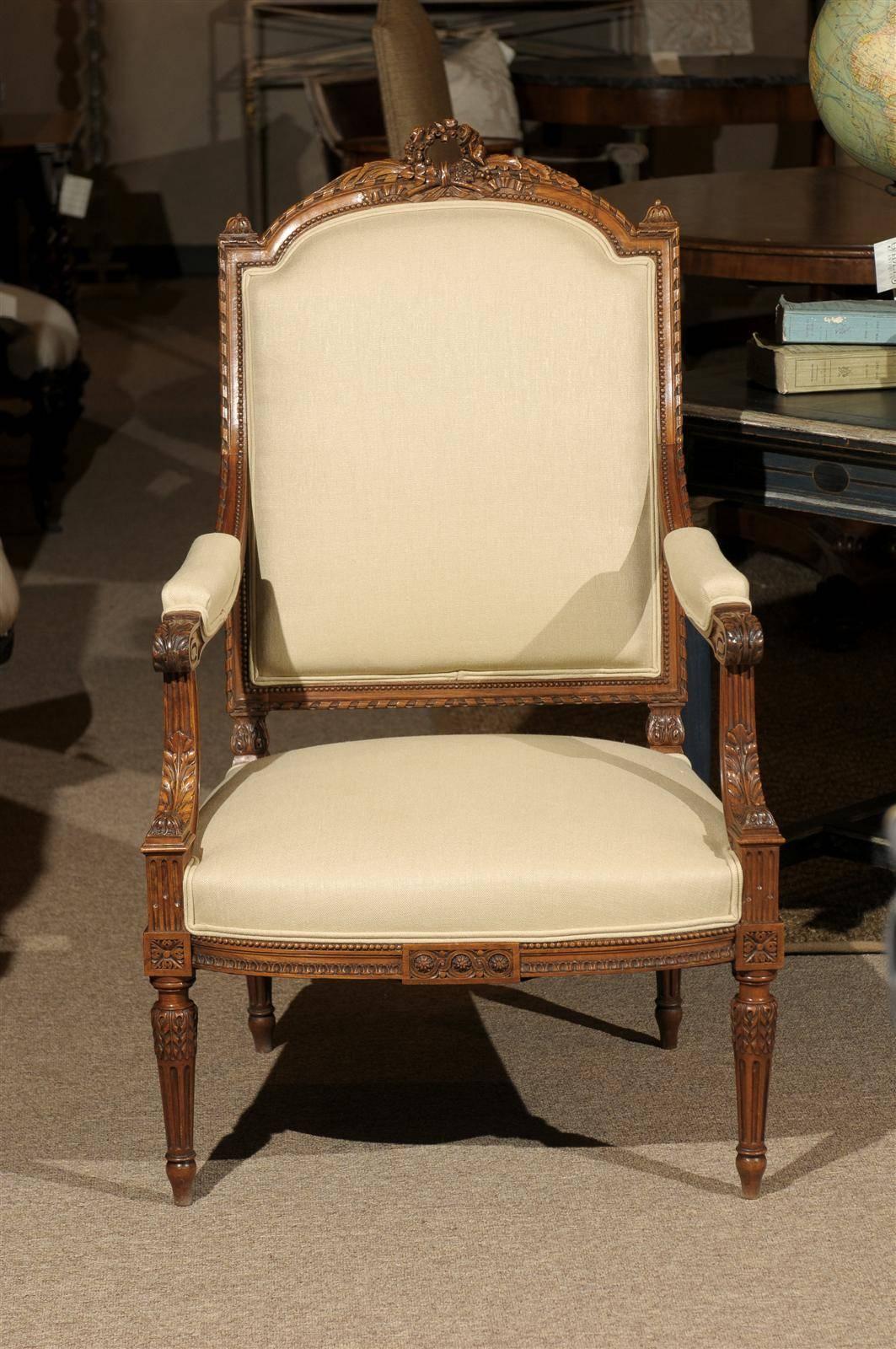 19th Century Single Antique Louis XVI Style Armchair in Walnut, circa 1870 For Sale