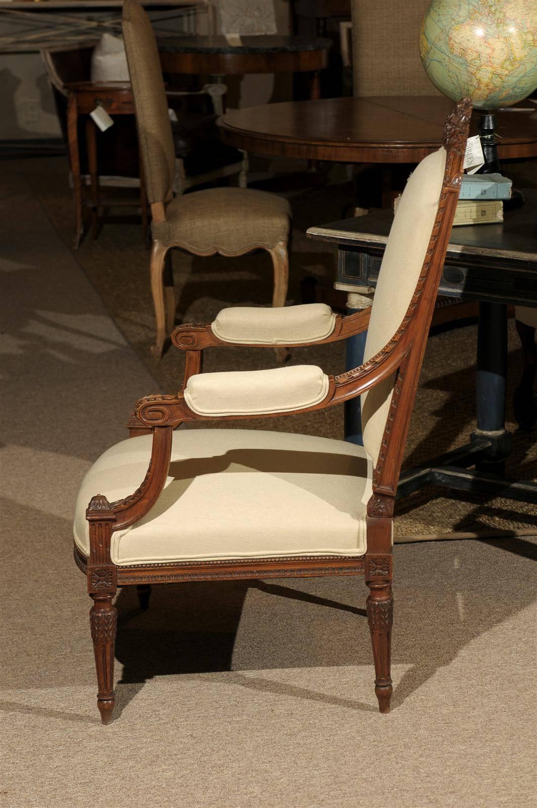 Hand-Carved Single Antique Louis XVI Style Armchair in Walnut, circa 1870 For Sale