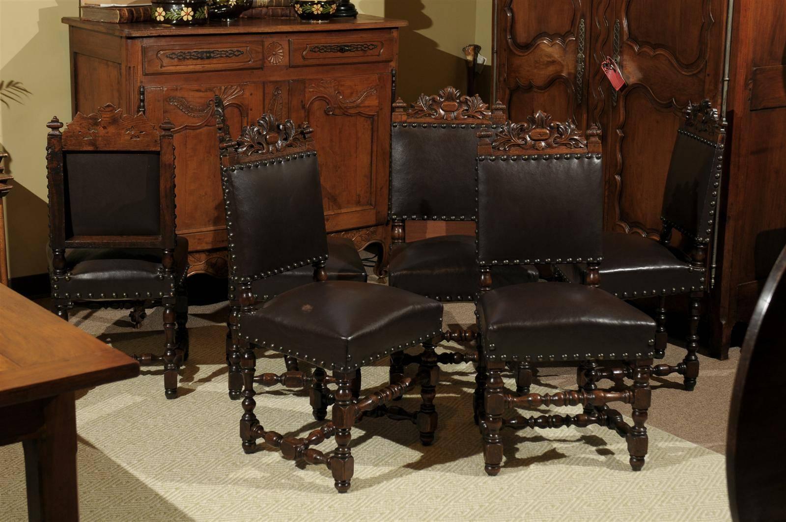 French Set of Six Renaissance Style Chairs in Dark Brown Elm, circa 1860