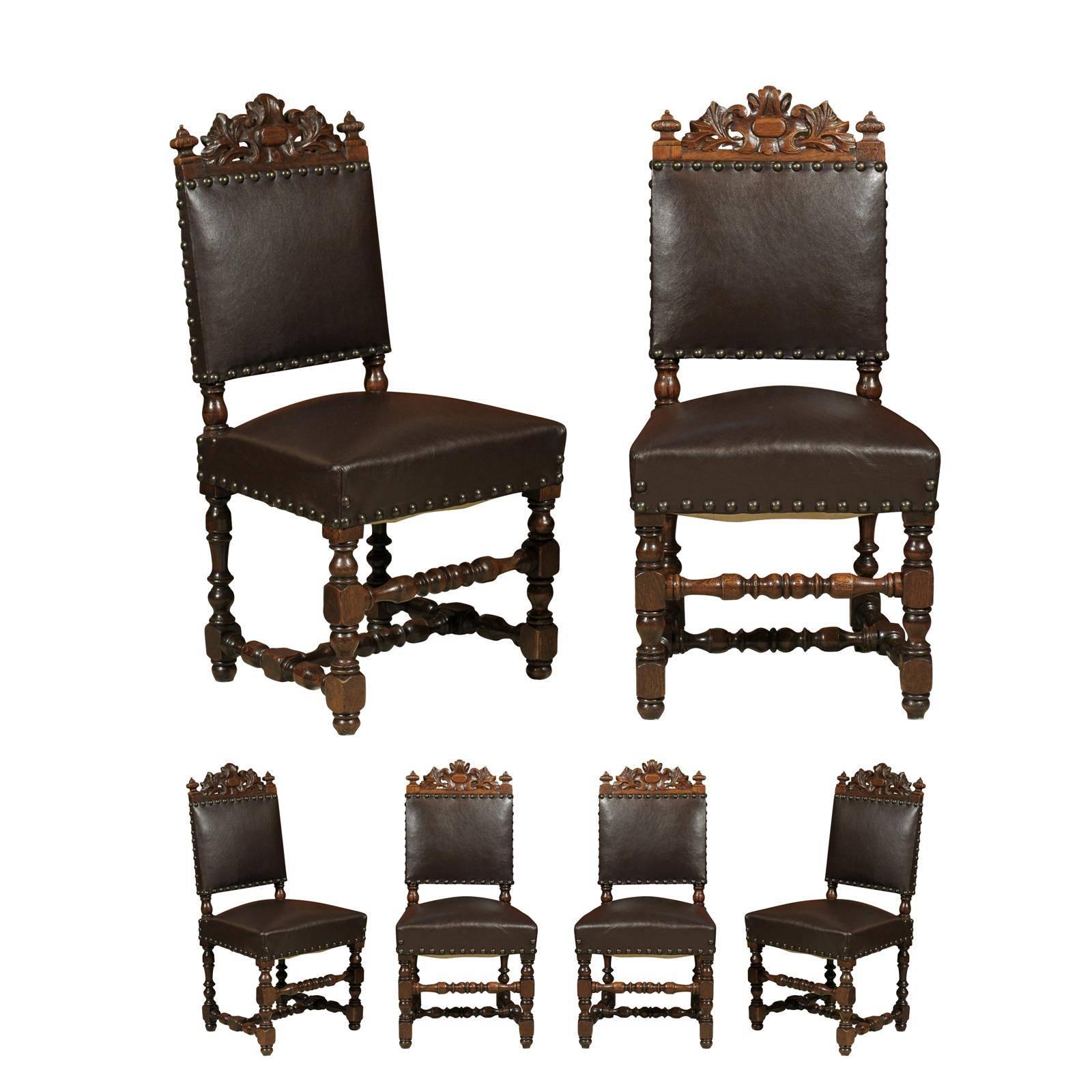 Set of Six Renaissance Style Chairs in Dark Brown Elm, circa 1860