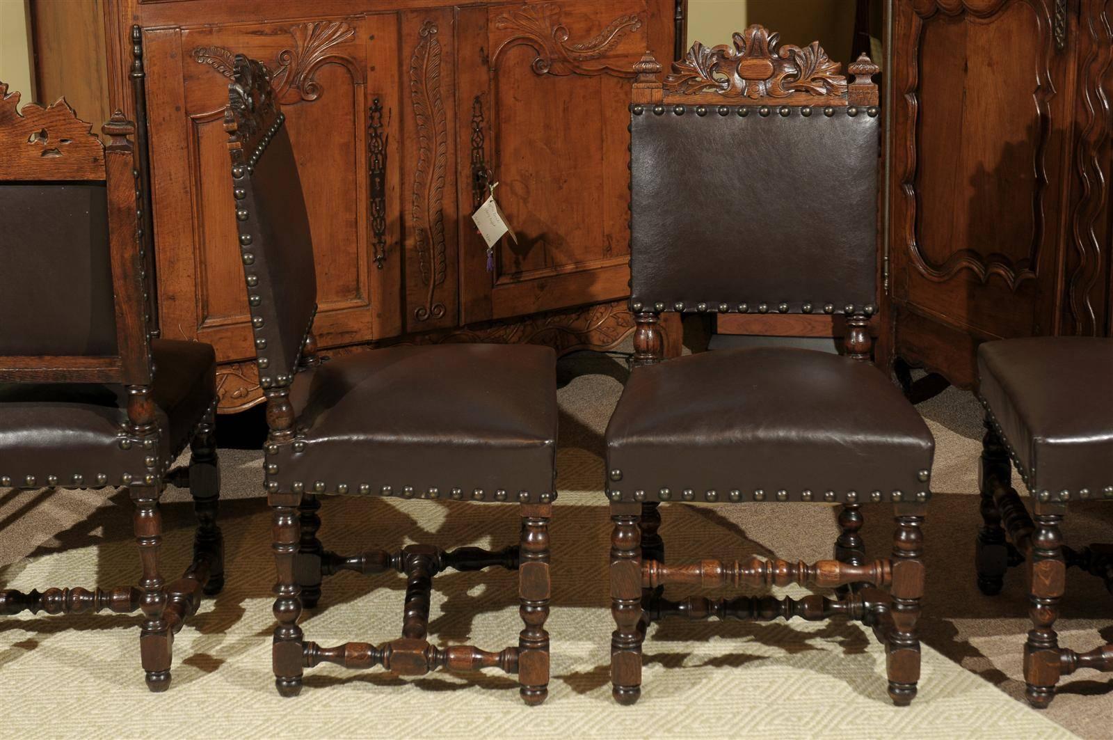 Leather Set of Six Renaissance Style Chairs in Dark Brown Elm, circa 1860