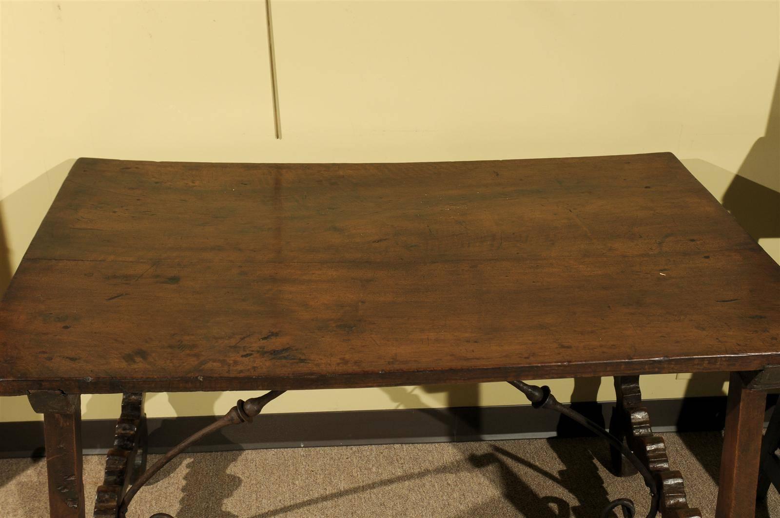 18th Century and Earlier 18th Century Spanish Table in Dark Brown Oak with Iron Stretcher, circa 1780