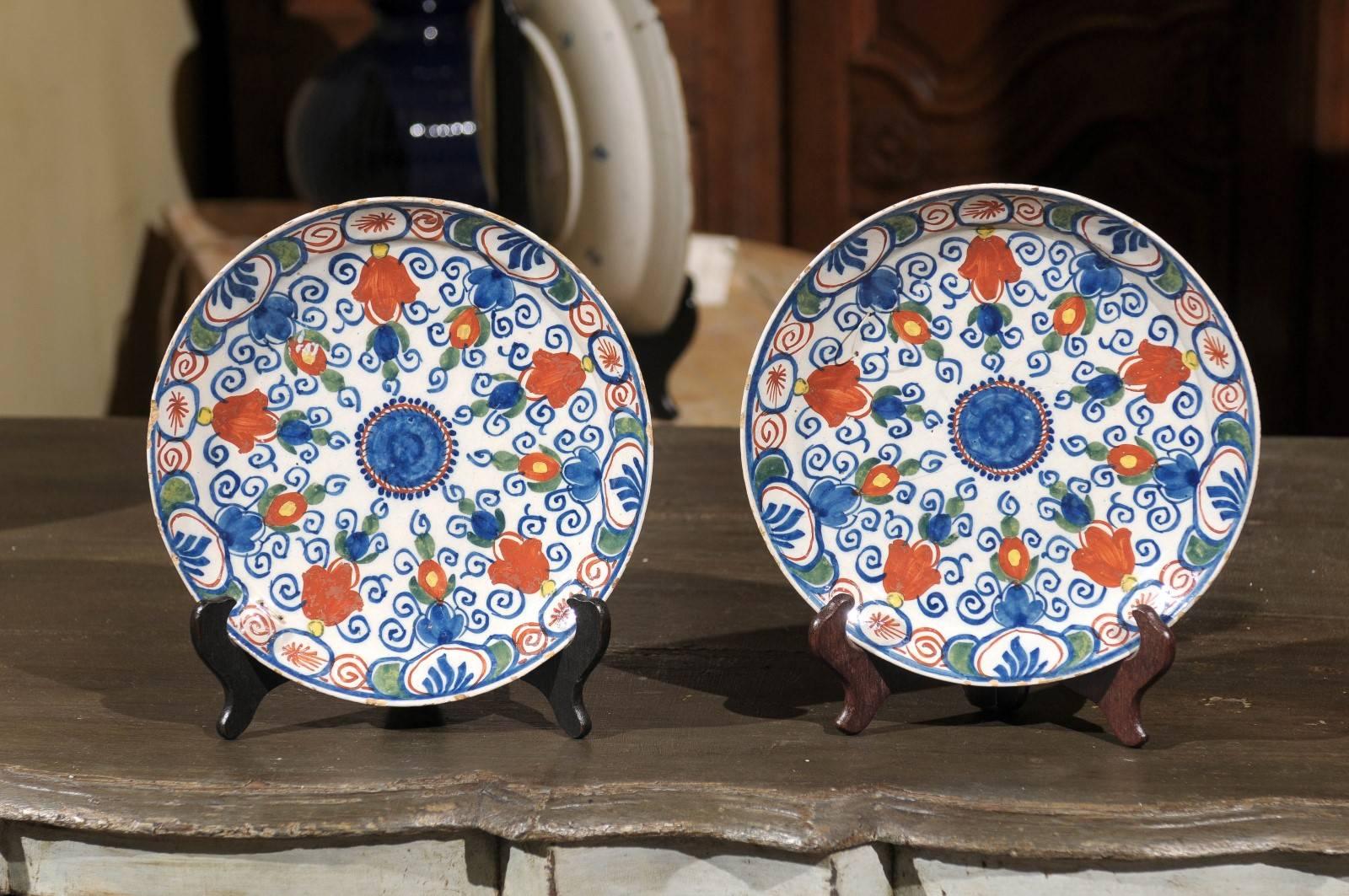 Pair of 17th Century Polychrome Delft Plates, circa 1690
An all-over design with vibrant colors for this pair of polychrome delft plates.