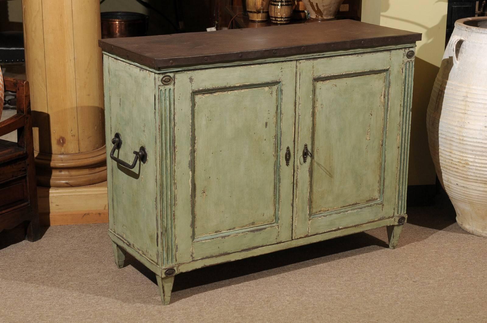 Vintage Louis XVI Style  Painted French Buffet with Zinc Top, circa 1940
We found this buffet and thought it was very cool looking. The zinc top was recently added but gives this buffet an interesting look. The iron handles on the sides do the same