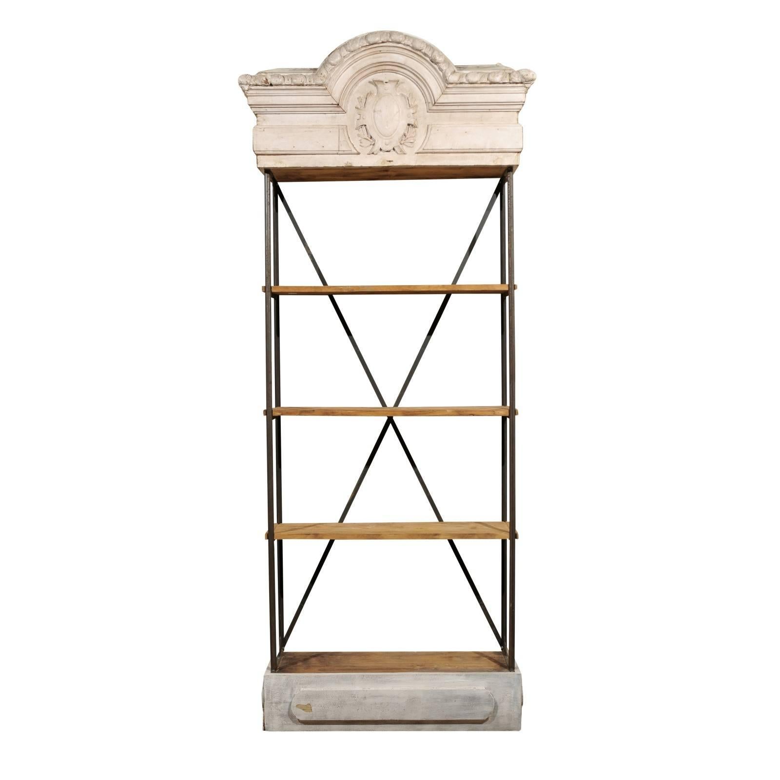 Tall Iron Bookcase Made Around Antique Painted Cornice For Sale
