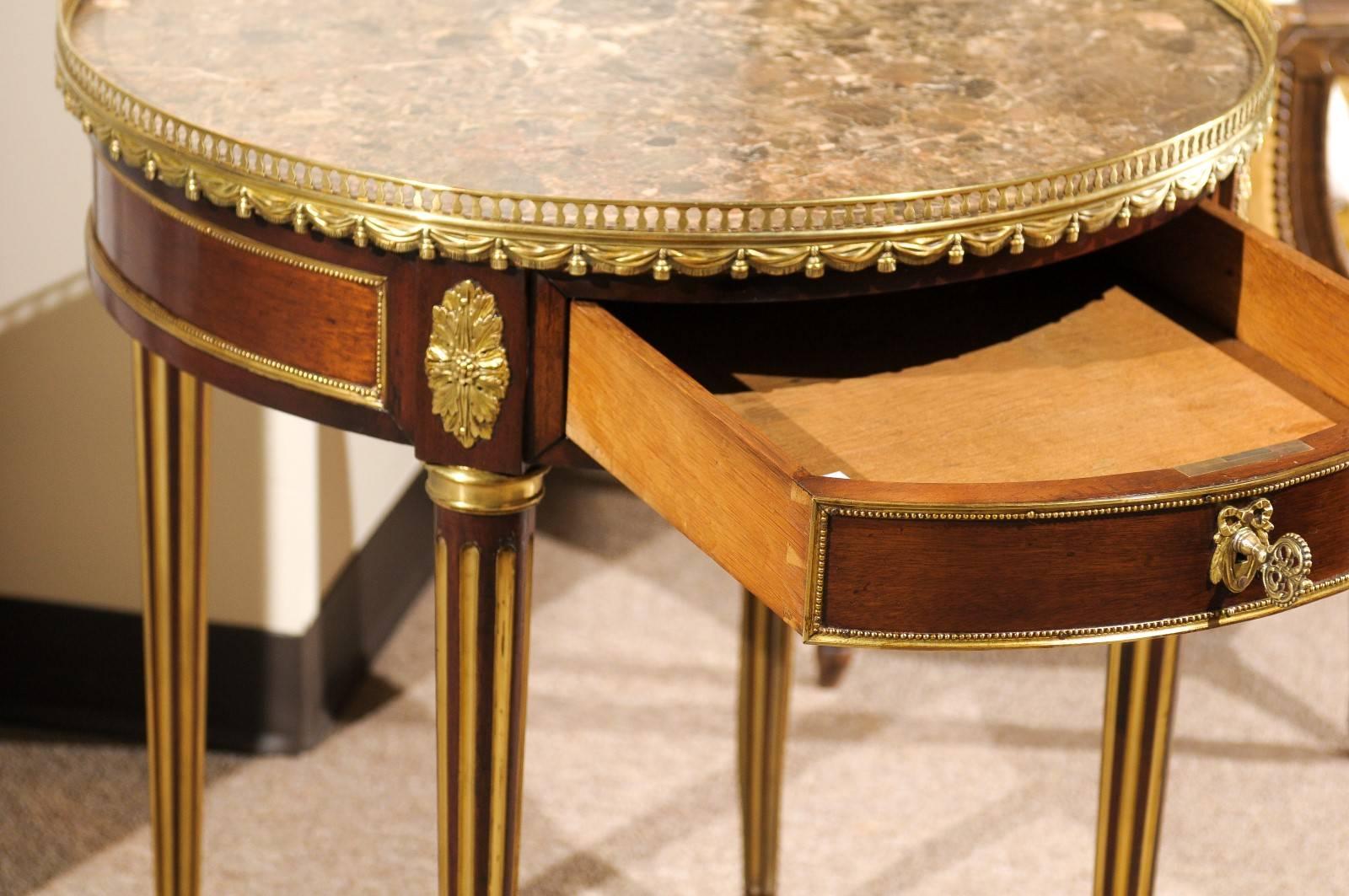 Bronze 19th Century Louis XVI Style Gueridon in Mahogany with Marble Top, circa 1880 For Sale